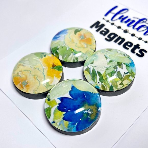 Set of 4 Magnets - Spring Floral Blue Glass Refrigerator Kitchen Whiteboard - Picture 3 of 3
